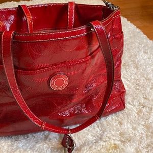 Coach red patent leather tote 19”x 11”x 6” Pink satin inside,beautiful!